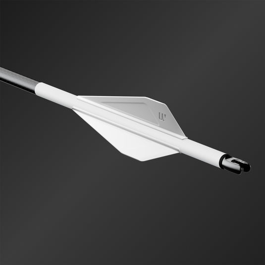 Close up three-quarter profile of wrap, vanes and nock for UV 1K arrows