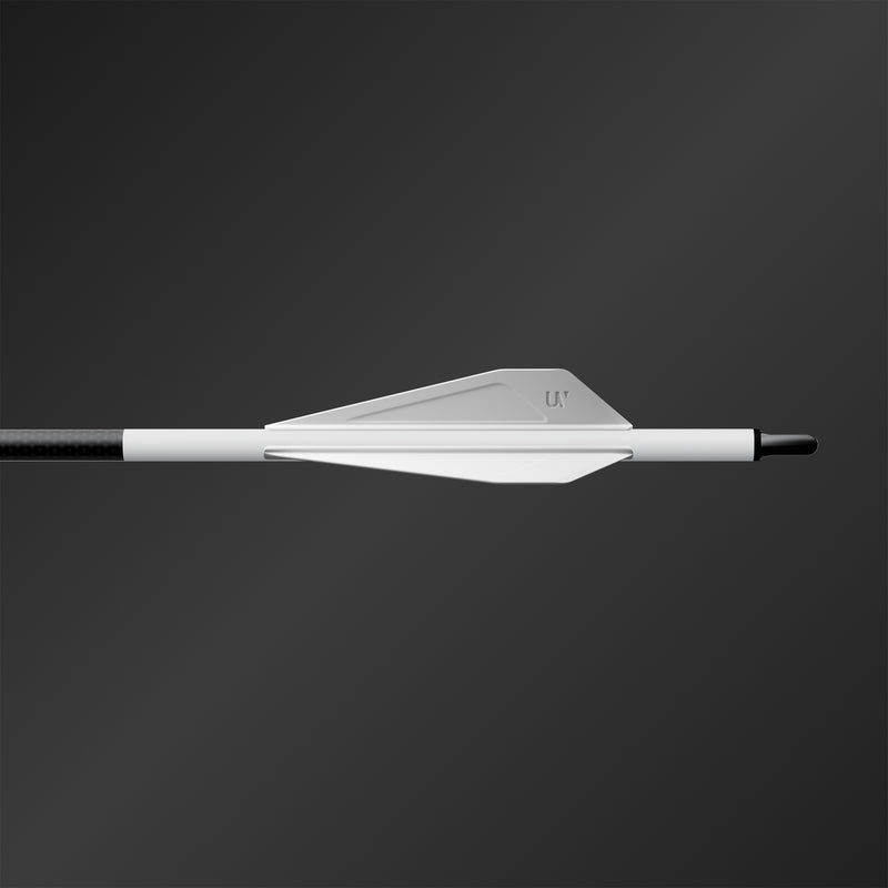 Load image into Gallery viewer, Close up side profile of wrap, vanes and nock for UV 1K arrows
