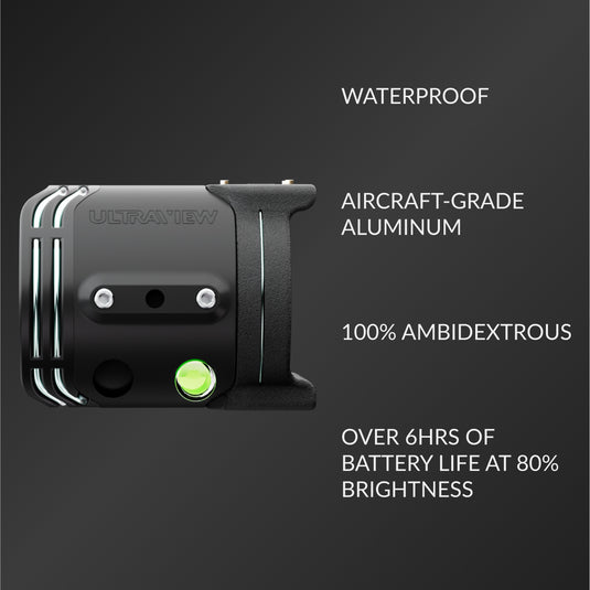 Waterproof, Aircraft-grade Aluminum, 100% Ambidextrous, Over 6hrs of battery life at 80% brightness